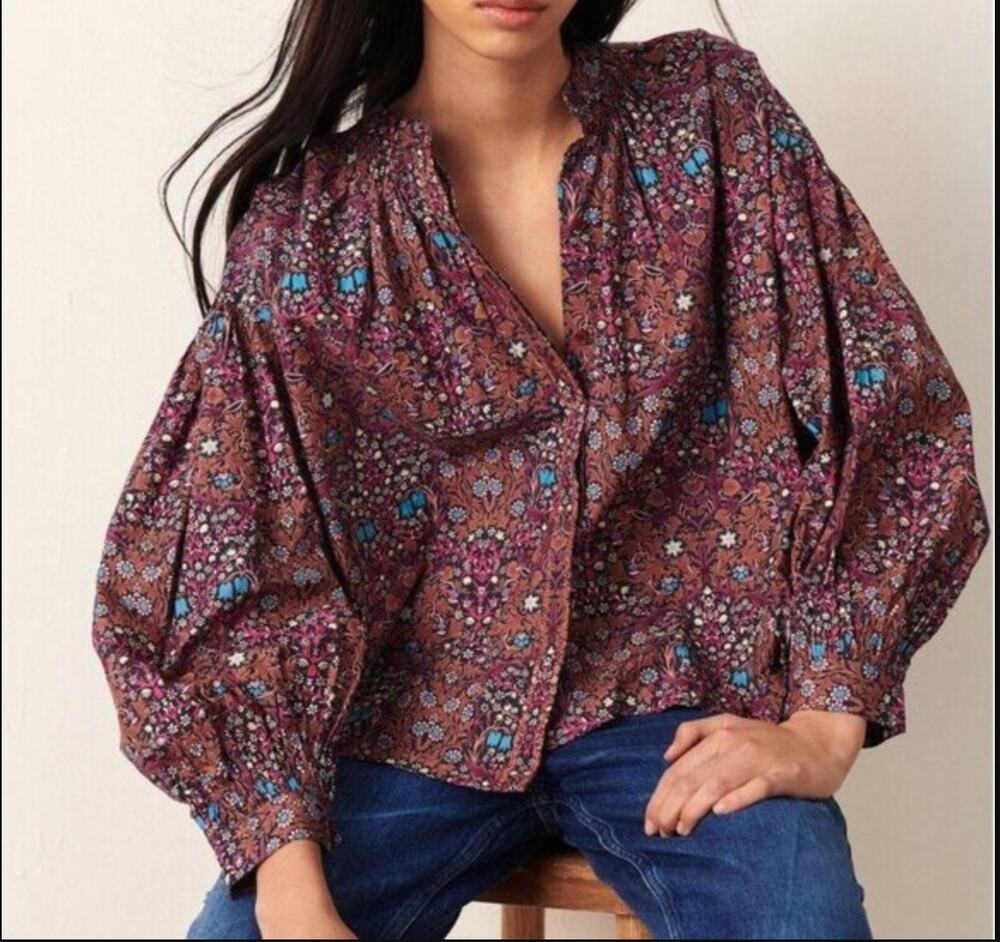Ba&Sh Ulys Long Balloon Sleeve Cotton Poplin Blouse Top Purple Small
